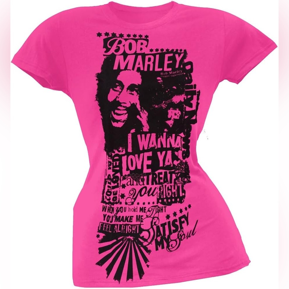 Bob Marley NWT Pink Graphic Juniors Tee I Wanna Love Ya Reggae Shirt